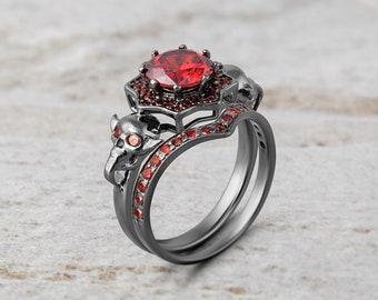 thumbnail image 2 of Gothic Skull Ring With Fire Opal & Red CZ Stones - Adjustable Biker Style Ring For Women 2 of 12