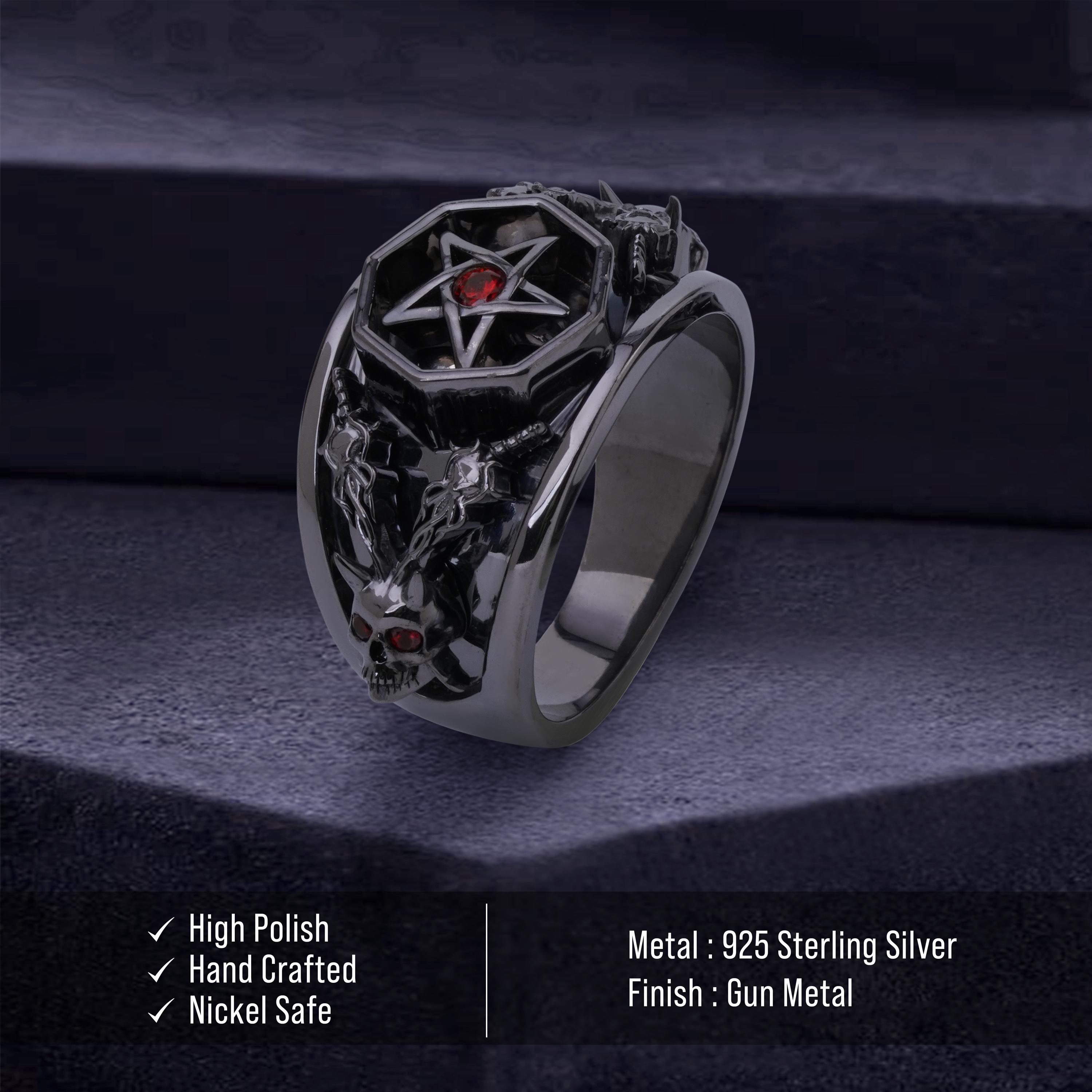 Satanic Pentagram Skull Ring for Men Crossed Sword Devil Horn Dark