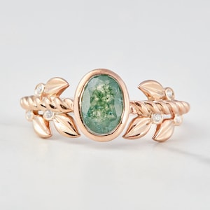 Nature Inspired Moss Agate Ring, Oval Cut Green Natural Moss Agate Engagement Ring for Women, Rose Gold Plated 925 Sterling Silver, Handmade