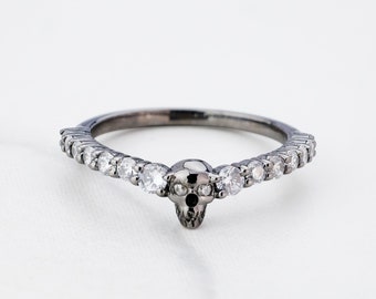 Black Skull Ring - Sterling Silver Eternal Love Gothic Anniversary Band, Minimalist Stack Jewelry