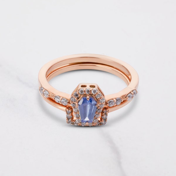 Till Death Coffin Wedding Ring Set, Coffin Cut Blue Titanic Gemstone Halo CZ Diamond Gothic Engagement Ring Rose Gold Bridal Set Goth Lovers