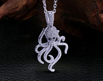 Iced Out Octopus Necklace 925 Sterling Silver Octopus Pendant with Chain AAA CZ Diamond Beach Sea Life Ocean Creature Animal Octopus Jewelry