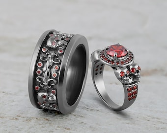Halloween Skull Couple Rings for Goth Lovers, 925 Sterling Silver Gothic Engagement Ring Fleur De Lis Wedding Band Set His and Her Matching