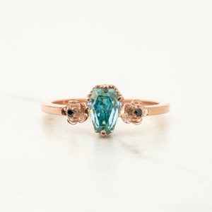 Fancy Colored Moissanite Coffin Ring, Coffin Cut Bluish Green Moissanite Engagement Ring for Women, Rose Gold Flower Gothic Wedding Rings