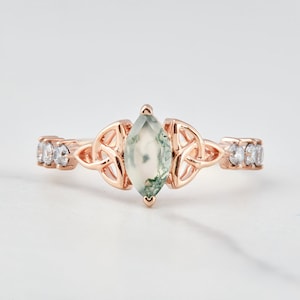 Celtic Trinity Love Knot Marquise Cut Natural Green Moss Agate and Round CZ Diamond Promise Engagement Ring Sterling Silver Rose Gold Plated