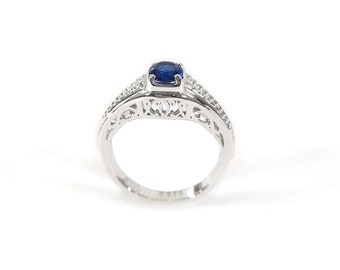 Sapphire Engagement Ring for Women, Filigree Art Deco Solitaire 0.50CT Blue Gemstone September Birthstone Jewelry Sterling Silver White Gold