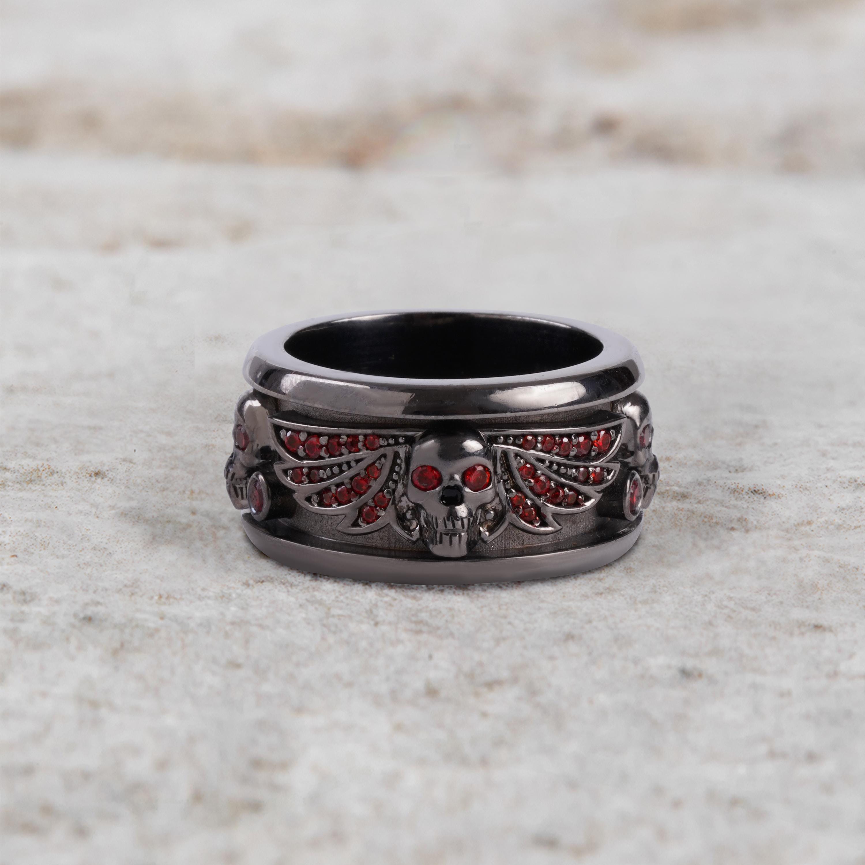 Winged Skull Wedding Band for Men, AAA Red CZ Men