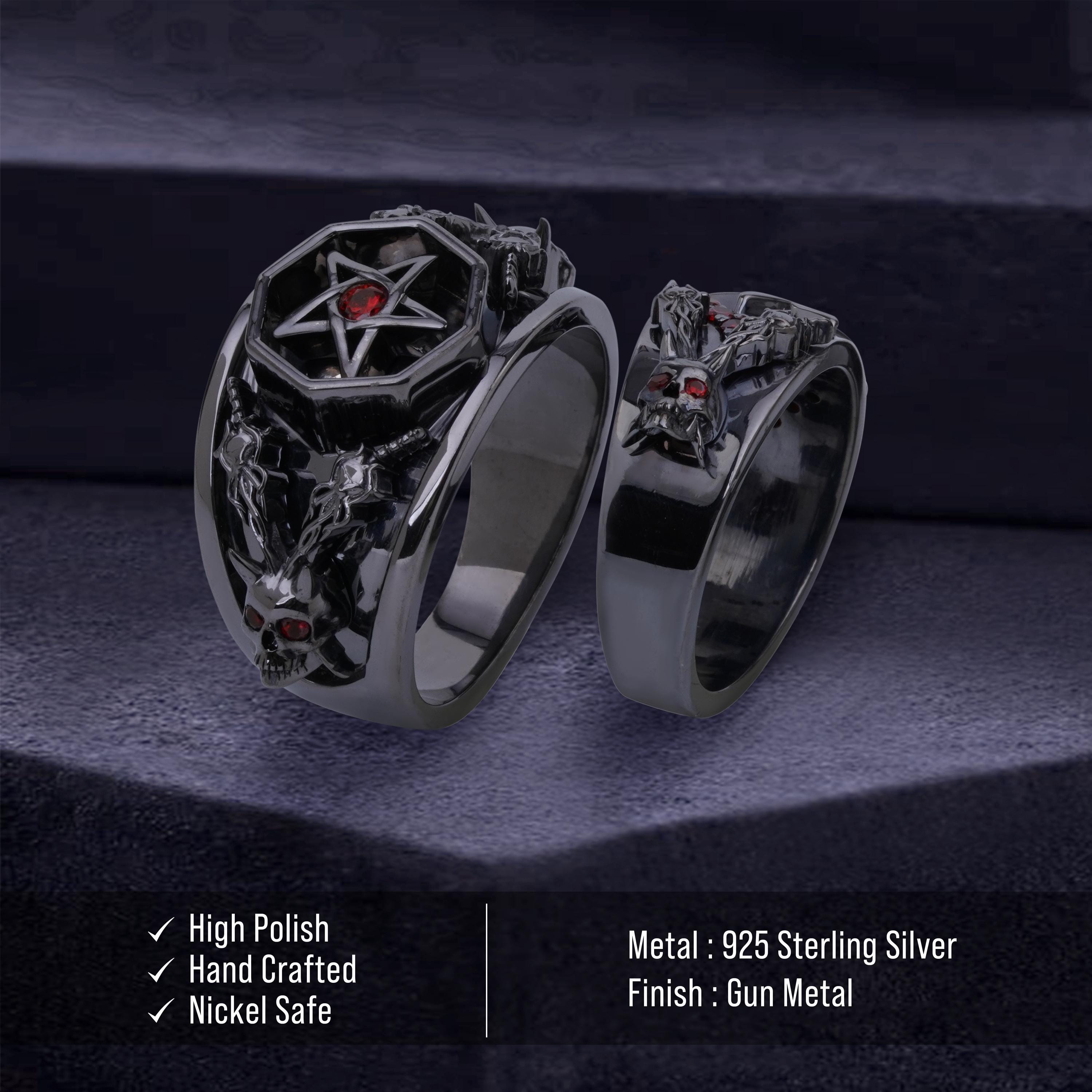 Satanic Pentagram Skull Wedding Rings Couple Gothic Engagement