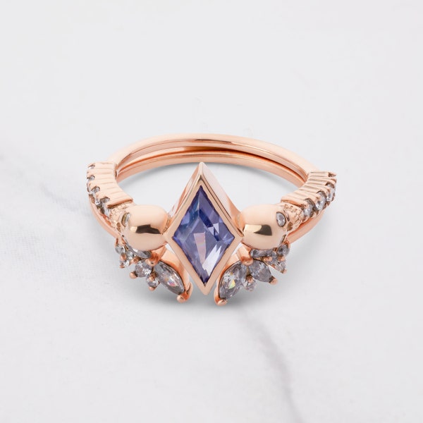 Rose Gold Skull Bridal Ring Set, Kite Cut Blue Titanic Gemstone Gothic Engagement Ring, Open Vintage Style Wedding Band, Goth Lovers Jewelry