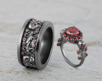 Skull Anniversary Rings for Couple, Matching Gothic Wedding Ring Set His and Hers, Red Garnet Floral Skull Engagement Rings, Sterling Silver
