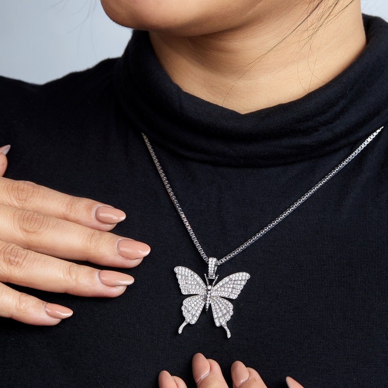 Butterfly Necklace, 925 Sterling Silver AAA CZ Diamond Iced Out Butterfly Pendant Necklace, Hip Hop Jewelry, Nature Lover Gift Two Tone Handmade Free Shipping