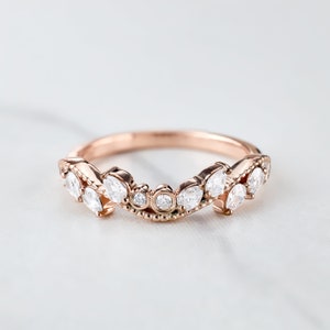 Pear Cut AAA CZ Curved Wedding Band Ring Enhancer Guard Sterling Silver Rose Gold Milgrain Art Deco Engagement Stackable Rings Women Vintage