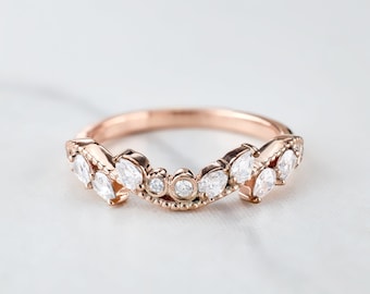 Anillo de boda curvo con circonitas cúbicas AAA talla pera, realzador, protector, plata de ley, oro rosa, milgrain, estilo art déco, anillos apilables para mujer, vintage