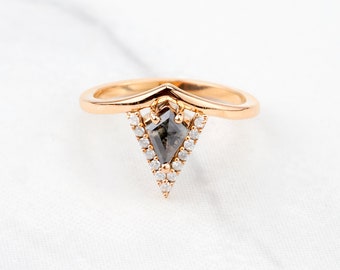Natural Salt and Pepper Diamond Kite Cut Ring, Kite Shape Engagement Ring, Galaxy Diamond Chevron Promise Wedding Statement Anniversary Ring