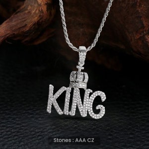 AAA CZ Diamond Studded Iced Out KING Pendant Necklace in 925 Sterling Silver, King with Crown Hip Hop Jewelry Gift for Men Him Biker Rapper