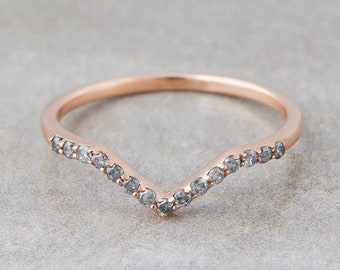 Salt and Pepper Natural Diamond Wedding Band Women 14k Rose Gold Ring Enhancer Chevron Dainty Stacking Band Promise Anniversary Gift for Her