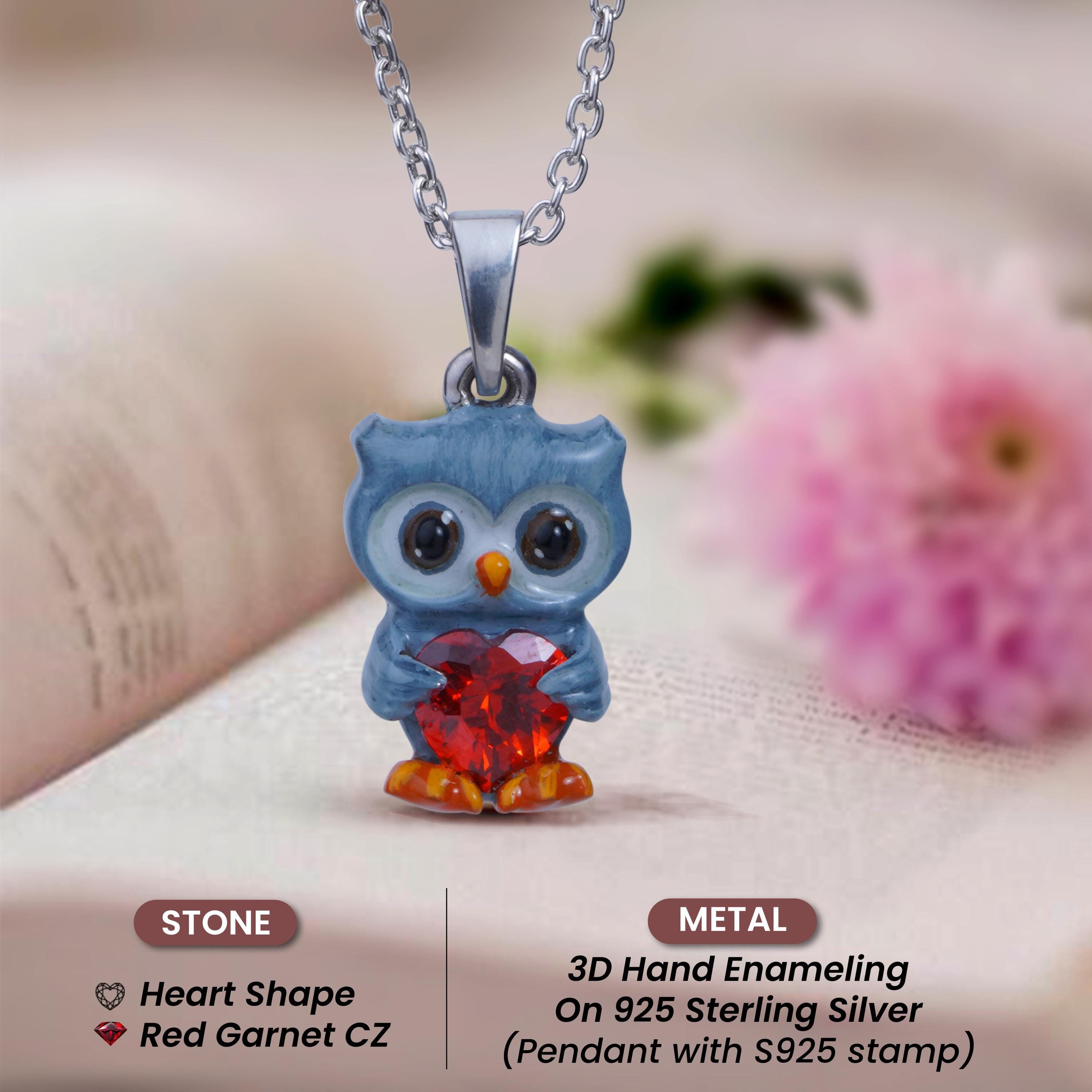 Collana con gufo in argento sterling 925, smalto 3D, granato rosso, ciondolo Tienimi il cuore, catena da 18, gioielli per bambini, regalo personalizzato, stile gotico per Halloween - Italia