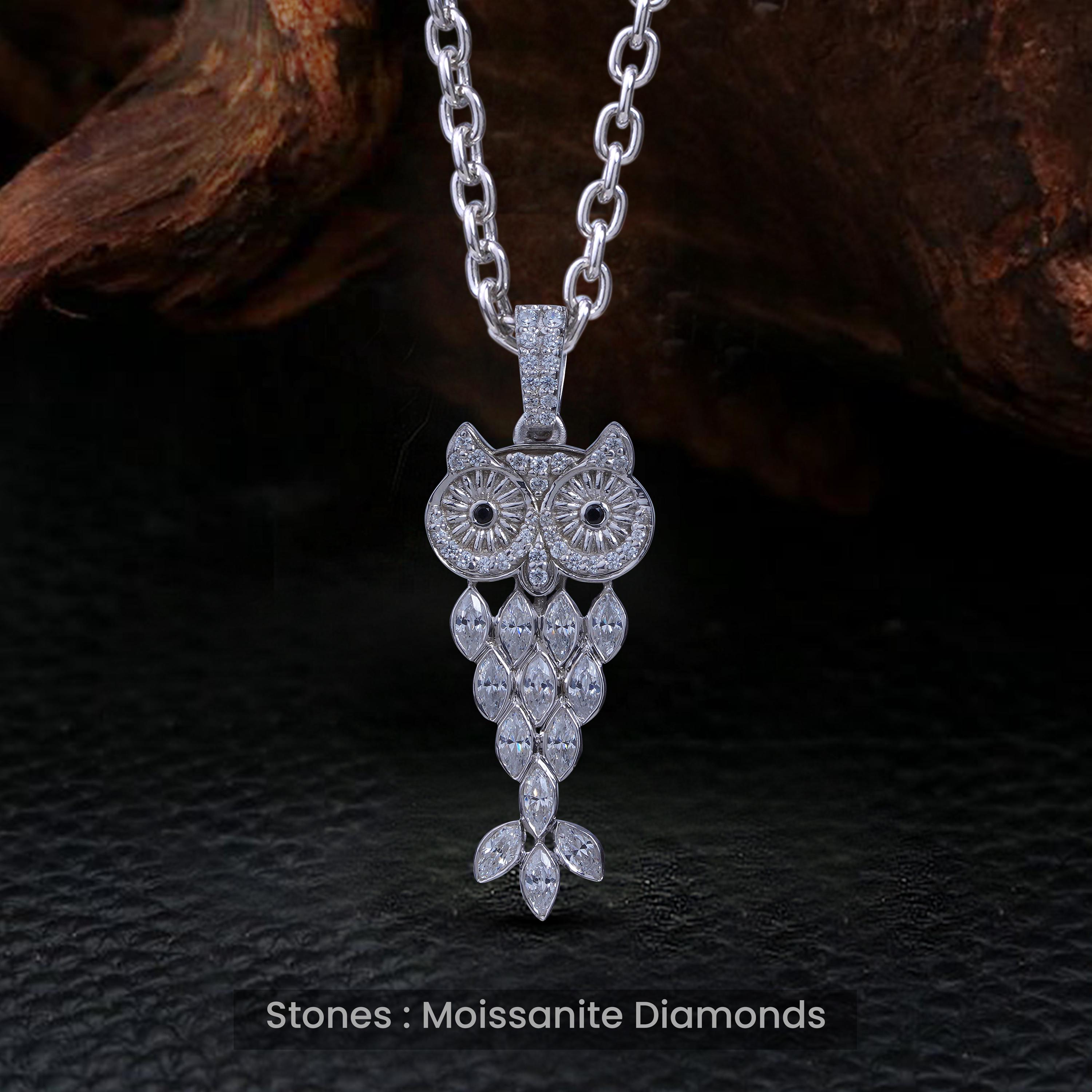 Marquise Cut Moissanite Iced Out Owl Pendant with Chain 925 Sterling Silver Owl Necklace Hip Hop Jew