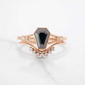 Coffin Cut Black Moissanite Rings - Gothic Bridal Ring Set - Coffin Engagement Ring - Curved Wedding Band - Till Death Ring - Gothic Jewelry