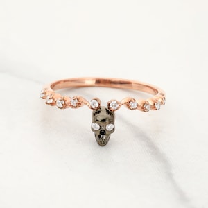 Two Tone 925 Sterling Silver Dainty Skull Stacking Wedding Band AAA Cubic Zirconia Skull Promise Anniversary Rings Gothic Halloween Jewelry