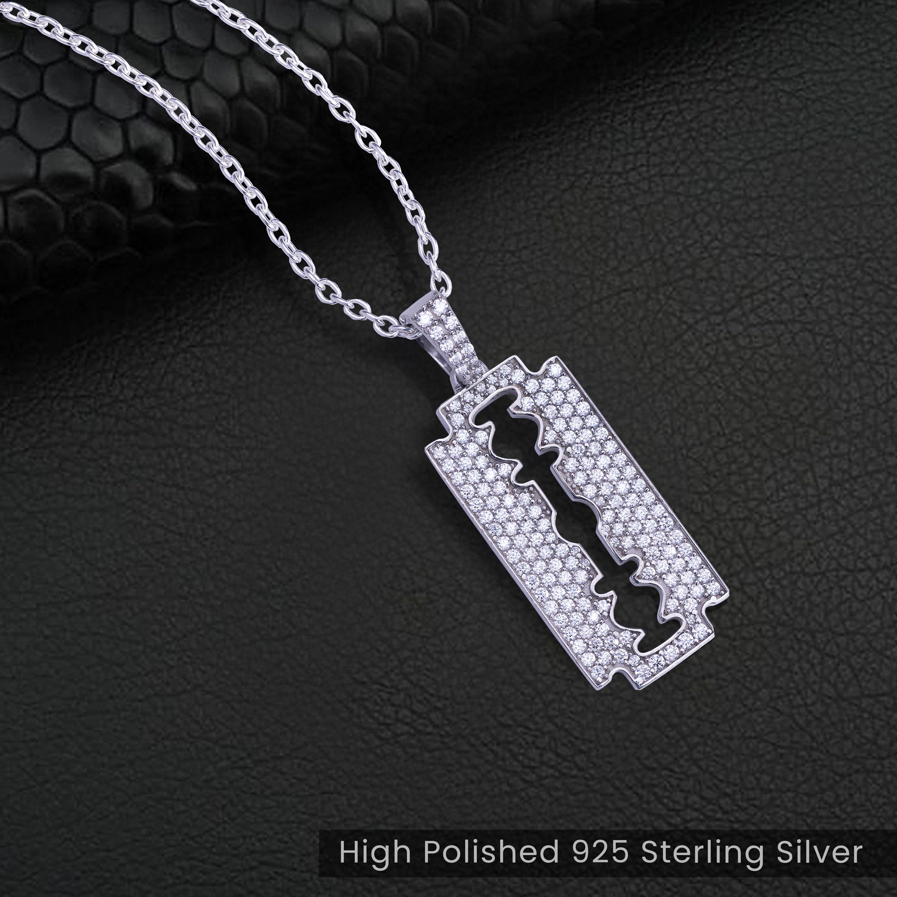 Razor Blade Pendant With Chain 925 Sterling Silver AAA Cubic
