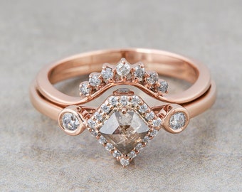 Natural Salt and Pepper Diamond Ring, Pentagon Rose Cut Engagement Ring Set, Halo Rose Gold Bridal Ring Sets, Moissanite Curved Wedding Band
