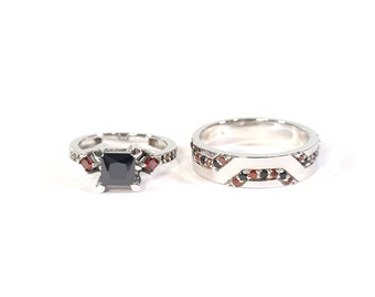 Solid 14k White Gold Gothic Matching Wedding Ring Set His and Her Gothic Couple Rings Promise Ring Set Black Onyx and Red Garnet Three Stone