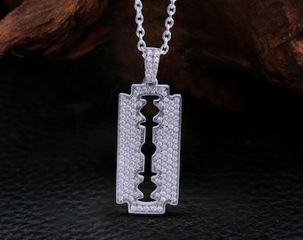 Razor Blade Pendant With Chain 925 Sterling Silver AAA Cubic