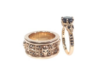 Onyx Skull Engagement Ring Set for Couple - Fleur De Lis Band, Rose Gold Finish Goth Jewelry
