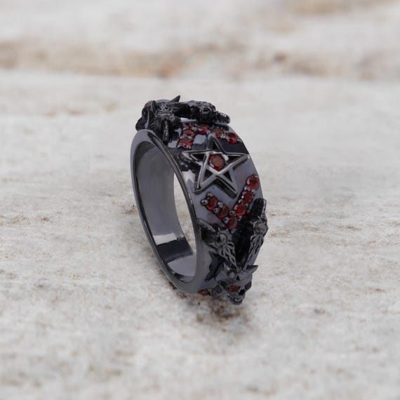 Pentagram Star Skull Ring Natural Red Garnet Crossed Sword Devil