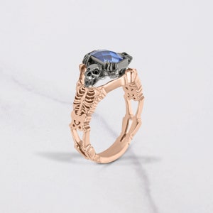 Skeleton Ring Skull Coffin Ring Women Blue Titanic Gemstone Sterling Silver Two Tone Gothic Jewelry Memento Mori Till Death Halloween Gift