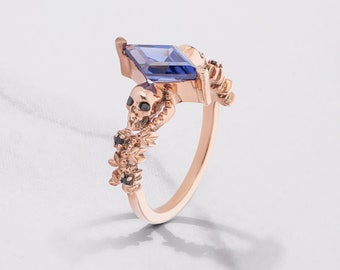 Kite Cut Skull Engagement Ring Women Titanic Blue Gemstone Black CZ Rose Gold Sterling Silver Gothic Wedding Witchy Jewelry Flower Art Deco