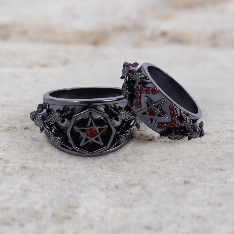 Satanic Pentagram Skull Wedding Ring Set Couple Matching Gothic ...