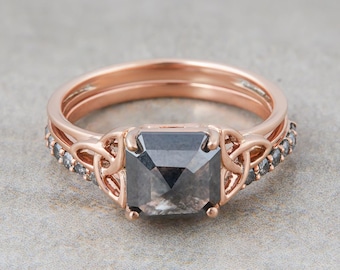 Natural Salt and Pepper Diamond Engagement Ring Band Set for Women Bridal Ring Sets Solitaire Asscher Rose Cut Sterling Silver 14k Rose Gold