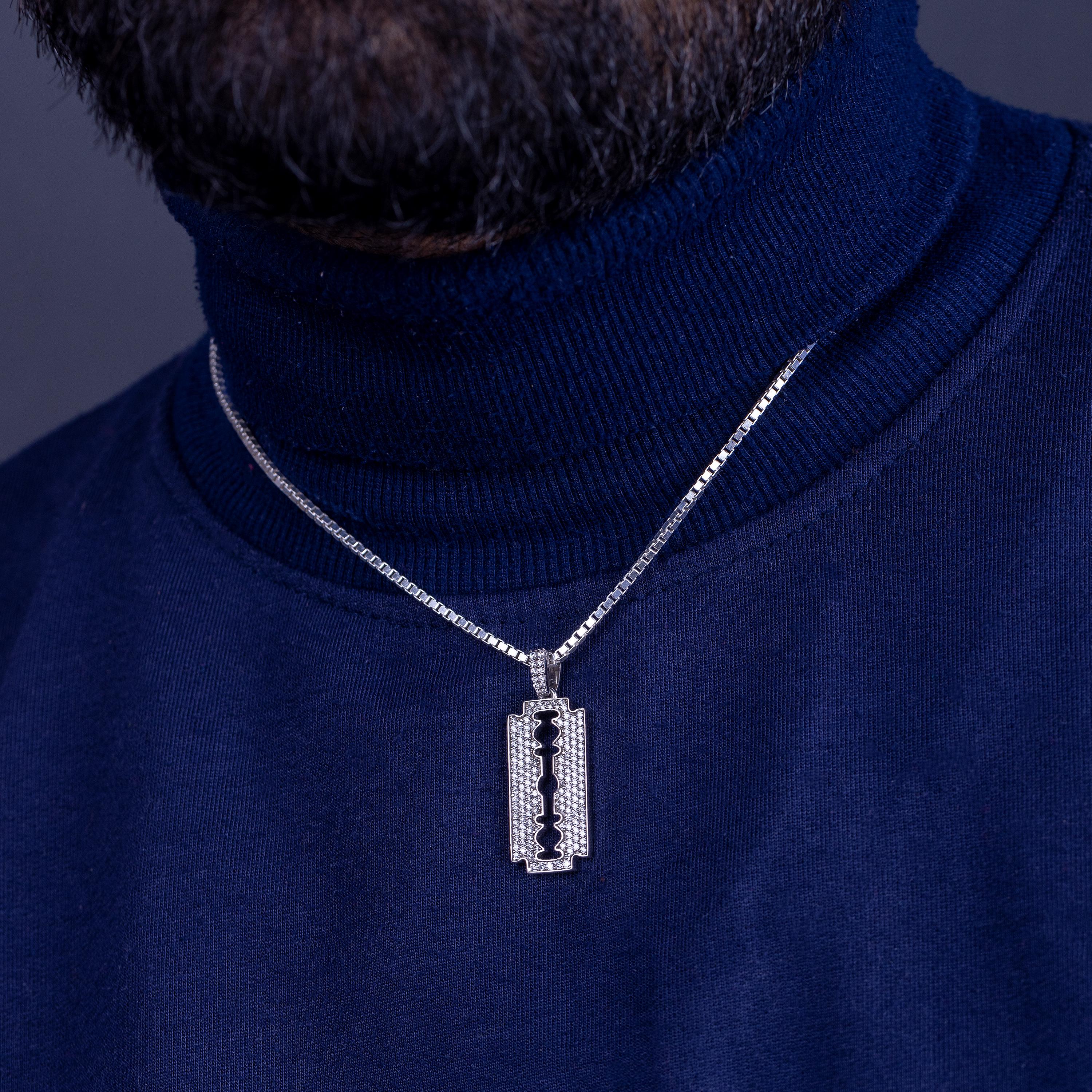 Razor Blade Pendant With Chain 925 Sterling Silver AAA Cubic