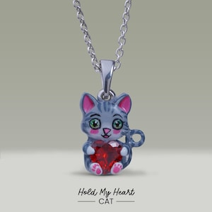 Cat Necklace 3D Enamel Cat Pendant 18&quot; Chain Hold My Heart Red Garnet 925 Sterling Silver Cute Pet Kitten Kitty Charm Kawaii Jewelry Gift