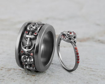Anchor Skull Wedding Band, Celtic Skull Ring, Matching Couple Rings, Skull Engagement Rings Set, Gothic Rings, His and Her Anniversary Gifts