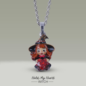 Little Witch Necklace &quot;Hold My Heart&quot; Doll Pendant Spooky Halloween Jewelry Red Garnet 925 Sterling Silver 3D Enamel Personalized Gift Her
