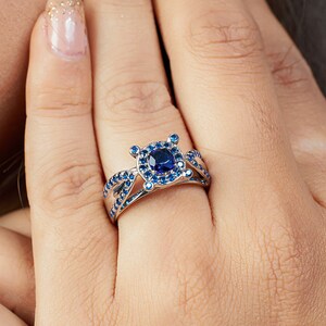Sapphire Ring, Cushion Cut Blue Gemstone Ring, Cathedral Engagement Rings, White Gold Wedding Ring for Women, Unique Statement Jewelry Gift