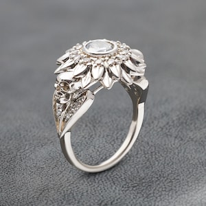 Sonnenblume Schädel Ring - Diamant-Statement-Ring, Solid Weißgold Floral Natur Schmuck