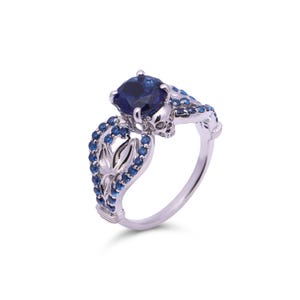 Sterling Silver Skull Ring For Women, Skull Engagement Ring, Gothic Rings, Skull Jewelry, Skull Wedding Rings, Blue Sapphire, Leaf Floral
