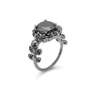 Onyx Schädel Ring Sterling Silber, Halo Blumen gruseliger Halloween Schmuck