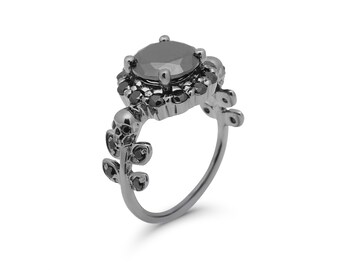 Black Onyx Halo Skull Ring - Sterling Silver Floral Leaf Gothic Womens Jewelry