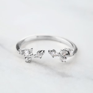 Open Ring Enhancer Wedding Band Marquise Round Moissanite Leaf Branch Ring Guard Stacking Unique Art Deco Vintage Sterling Silver Rose Gold