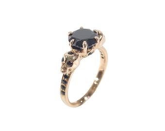 Black Onyx Skull Ring Women Gothic Skull Engagement Ring Witchy Gothic Rings Rose Gold Finish 925 Sterling Silver Handmade Halloween Jewelry