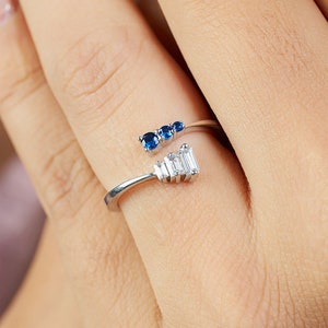 Toi et Moi Ring-Engagement Rings Women-Baguette Diamond-Round Blue Sapphire-Promise-Wedding-Gift-Open-Adjustable-Sterling Silver-White Gold