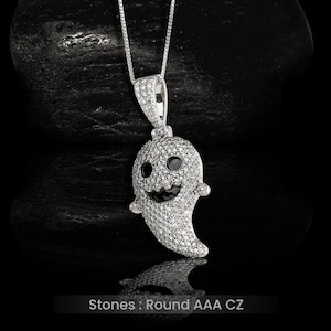 Iced Out Ghost Pendant Cute Ghost Necklace Sterling Silver Gothic Halloween Jewelry Gift Her Women AAA CZ Diamond Ghost Locket with Chain
