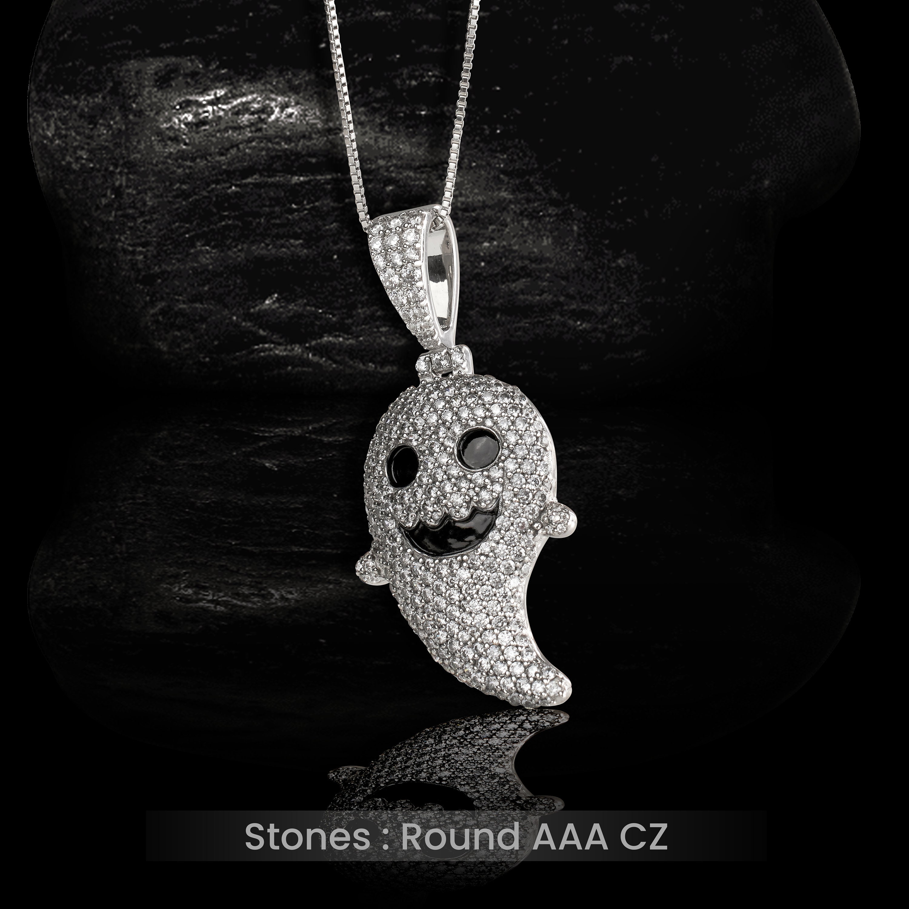 Iced Out Ghost Necklace, 925 Sterling Silver AAA CZ Cute Ghost