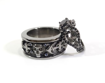 Floral Skull Ring with Matching Anchor Wedding Band - Sterling Silver Gothic Couple Set His and Hers