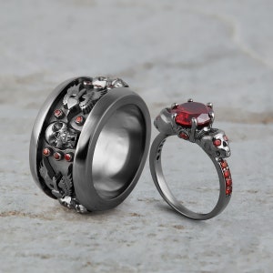 Till Death Do Us Part His and Her Matching Skull Engagement Ring Wedding Band Set Promise Anniversary Rings for Couple Gifts Sterling Silver